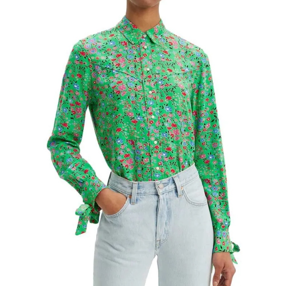 Levi’s Green Floral Button Down Blouse S Small Long Sleeve Tie Cuff Boho Chic